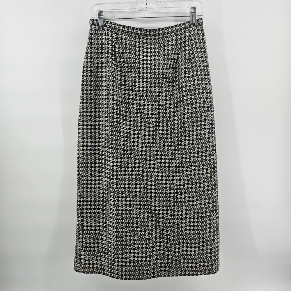 Talbots Midi Skirt Women 10P Black White Wool Italian Fabric Houndstooth Woven